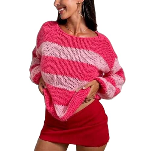 Women Y2k Oversized Striped Sweater Color Block Crewneck Pullover